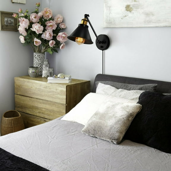 2 Pack Adjustable 270 Degrees Dimmable Swing Arm Wall Sconce Hardwired Industrial Plug-In Vintage Lamp Suitable For Bedroom, Bedside, Living Room, Dormitory