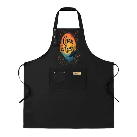 2 Pack Adjustable Bib Apron with 2 Pockets - Stylish Black Apron with ' Clean & Fresh ' Design Colorful Waves & Leaves - Perfect for Cooking BBQ and Kitchen Use for Men & Women