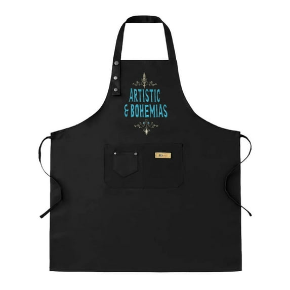 2 Pack Adjustable Bib Apron with 2 Pockets - Stylish Black Apron Featuring ' ARTISTIC & BOHEMIAS ' Design in Blue & Gold - Perfect for Cooking Chef Work Unisex for Men & Women