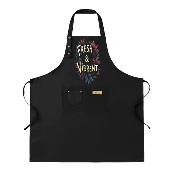 2 Pack Adjustable Bib Apron with 2 Pockets - Stylish Black Apron Featuring ' FRESH & VIBRANT ' Design with Decorative Leaves - Perfect for Cooking BBQ and Kitchen Use for Men and Women