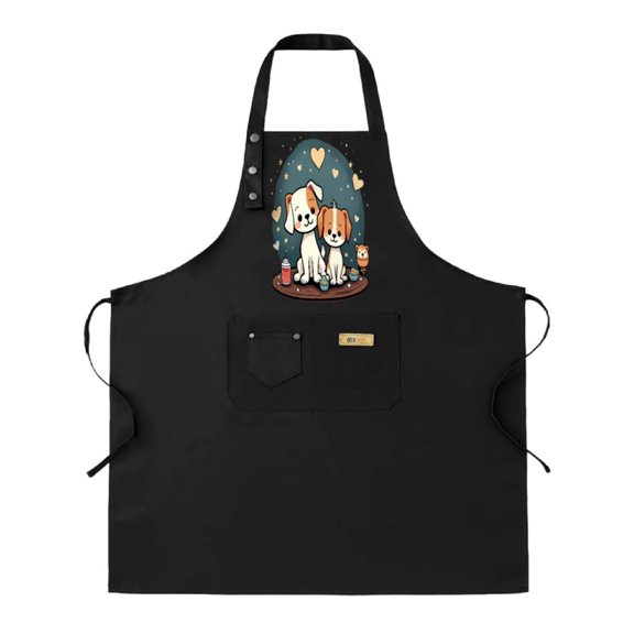 2 Pack Adjustable Bib Apron for Cooking - Cute Cartoon Dogs & Hearts Design Black with Front Pocket Perfect for Men & Women