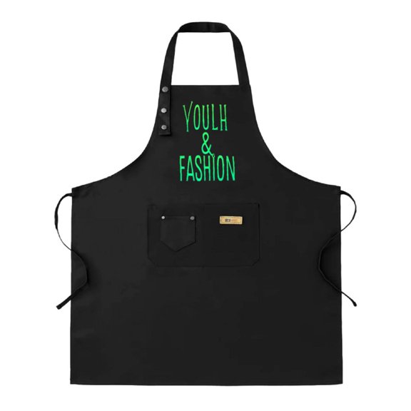 2 Pack Adjustable Bib Apron with 2 Pockets - Minimalist Black Design with ' YOUTH & FASHION ' Green Text - Perfect for Cooking & Chef Use