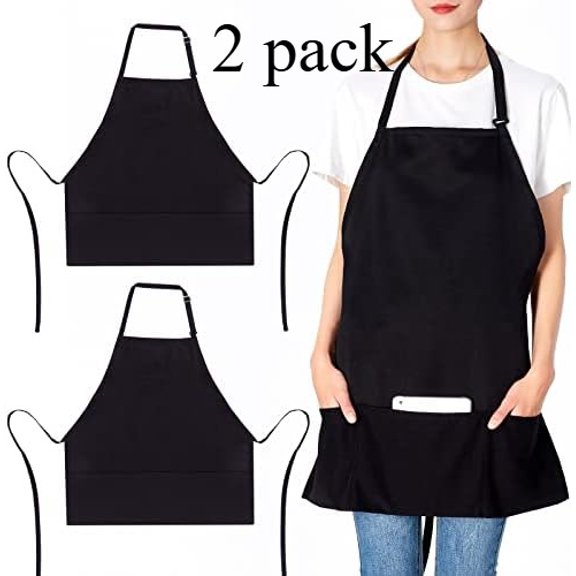 2 Pack Adjustable Bib Apron with 3 Pockets, Black Chef Kitchen Cooking Aprons for Women and Men