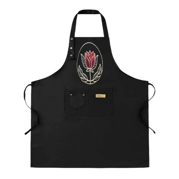 2 Pack Adjustable Bib Apron with Decorative Red Flower & Golden Leaves Design 2 Pockets Perfect for Cooking & Chef Use for Men & Women