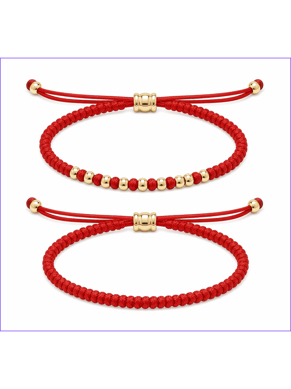 2 Pack Adjustable Braided String Bracelet Set, Handmade Vajra Knot Woven Bracelets with Smooth Metal Spacer Beads