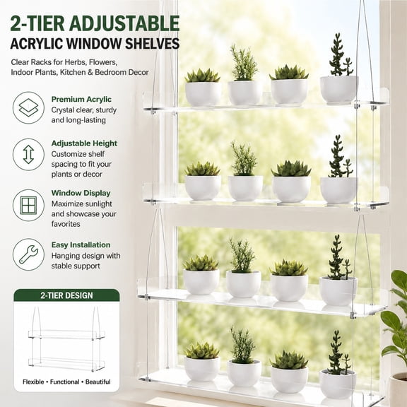2-Pack Adjustable Clear Acrylic Plant Stands – 16" Transparent Hanging Window Racks for Indoor Garden, Herbs, Home Decor in Kitchen & Bedroom