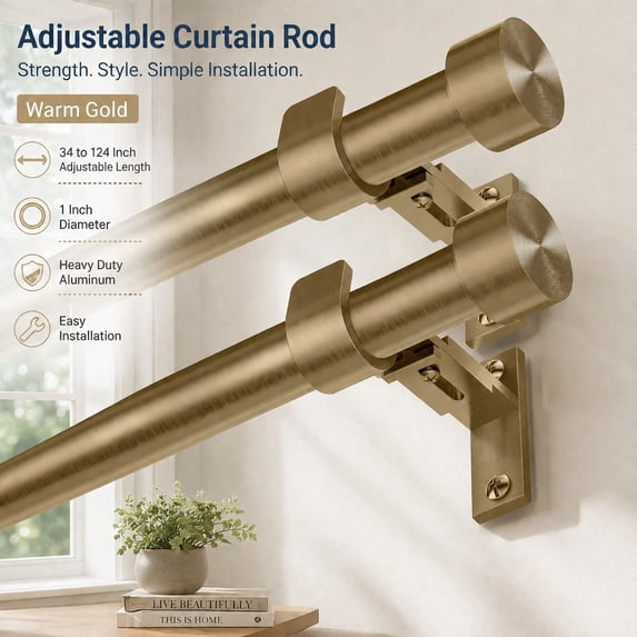 Finials 2 Pack Adjustable Curtain Rods 34 to 124 Inch, Brushed Gold 1” Heavy ...