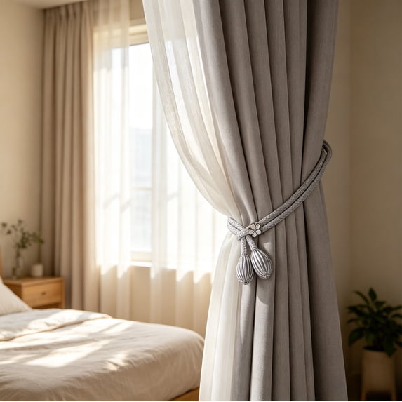 2 Pack Adjustable Curtain Tiebacks, Woven Cotton Rope Curtain Holdbacks, Floral Accent Decorative Curtain Straps for Bedroom Living Room Window Treatment
