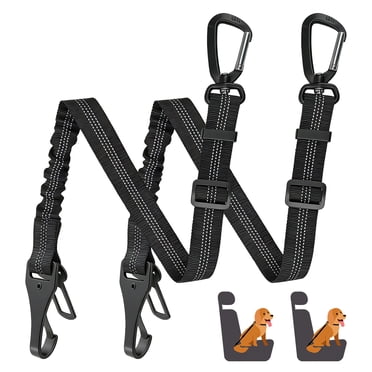 2 Pack Dog Seat Belt for Car, Adjustable Elastic Pet Travel Tether, Reflective Nylon Leash with Metal Hook for Dogs and Cats