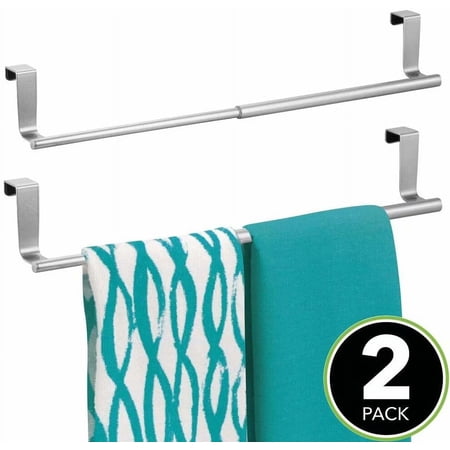 2 Pack Adjustable, Expandable Kitchen Over Cabinet Towel Bar Rack - Hang on Inside or Outside of Doors, Storage for Hand, Dish, Tea Towels - 9.25" to 17" Wide Silver