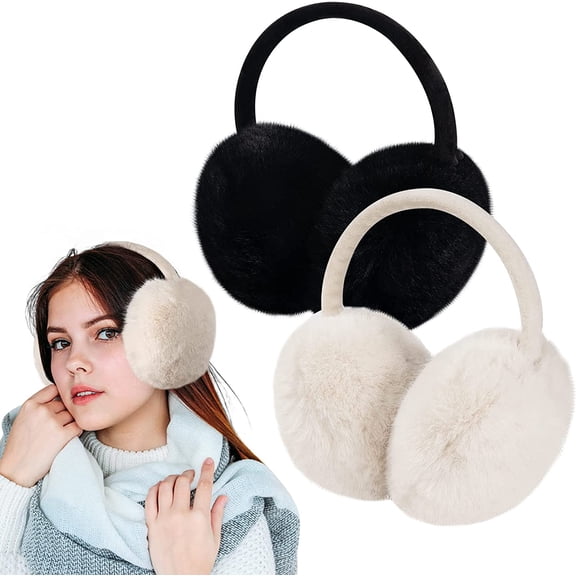 2 Pack Adjustable Faux Fur Earmuffs- Soft Warm Ear Muffs for Winter Women Men- Ear Covers Ear Warmers for Most Adults