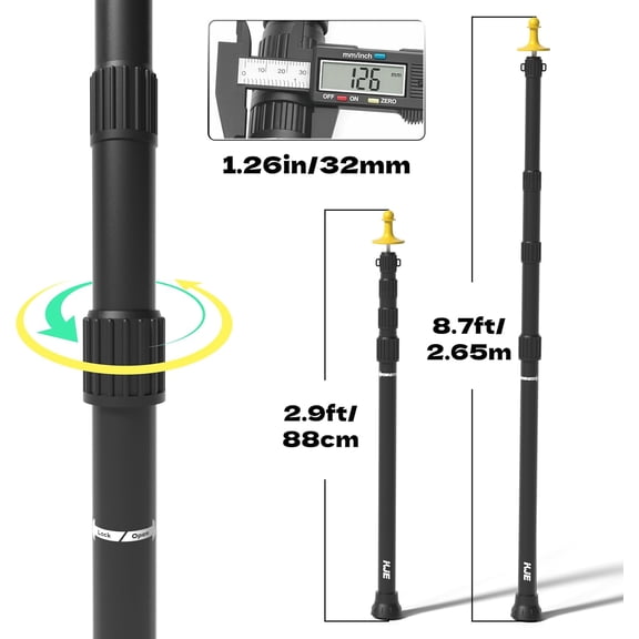 2 Pack Adjustable Heavy-Duty Tarp Poles, Camping Tent Poles Set with Ground Stakes & Guylines & Yellow Protection Caps, Aluminum Telescoping Pole(2.9ft to 8.7ft) for Outdoor Tarp Use