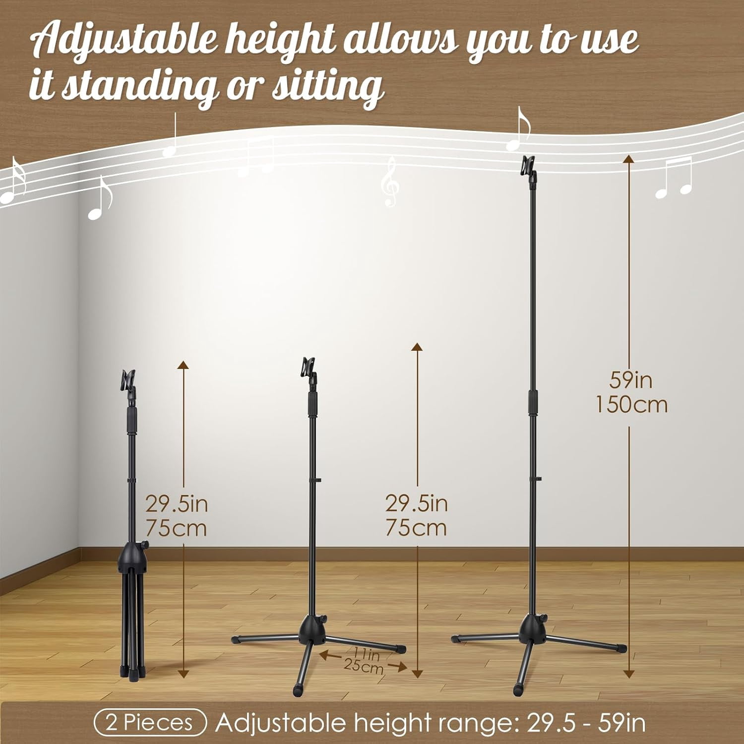 2 Pack Adjustable Height Microphone Tripod Stand, 30-60 Inch  Floor Mic Holder for Karaoke Live Stream Stage Singing