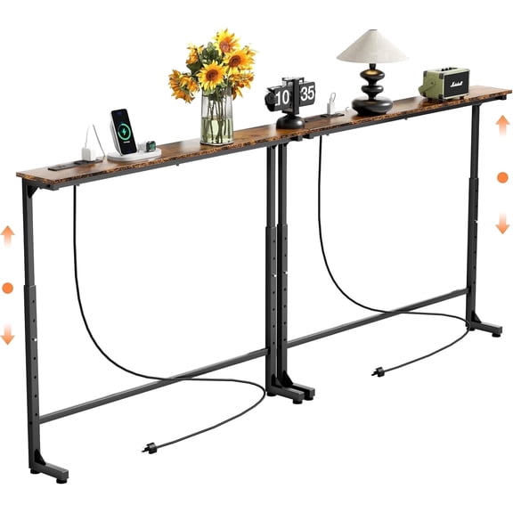 2 Pack Adjustable Height Narrow Console Table with Power Outlets, 78.7" Long Sofa Table with Charging Station Behind Couch Table Entryway Table for Living Room and Hallway – Rustic Brown