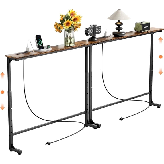 2 Pack Adjustable Height Narrow Console Table with Power Outlets, 78.7" Long Sofa Table with Charging Station Behind Couch Table Entryway Table for Living Room and Hallway – Rustic Brown