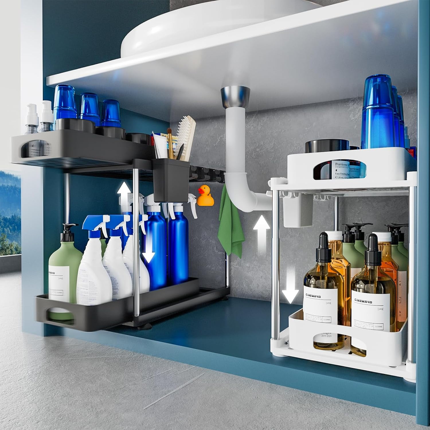 2 Pack Adjustable Height Under Sink Storage, 2 Tier Under Kitchen