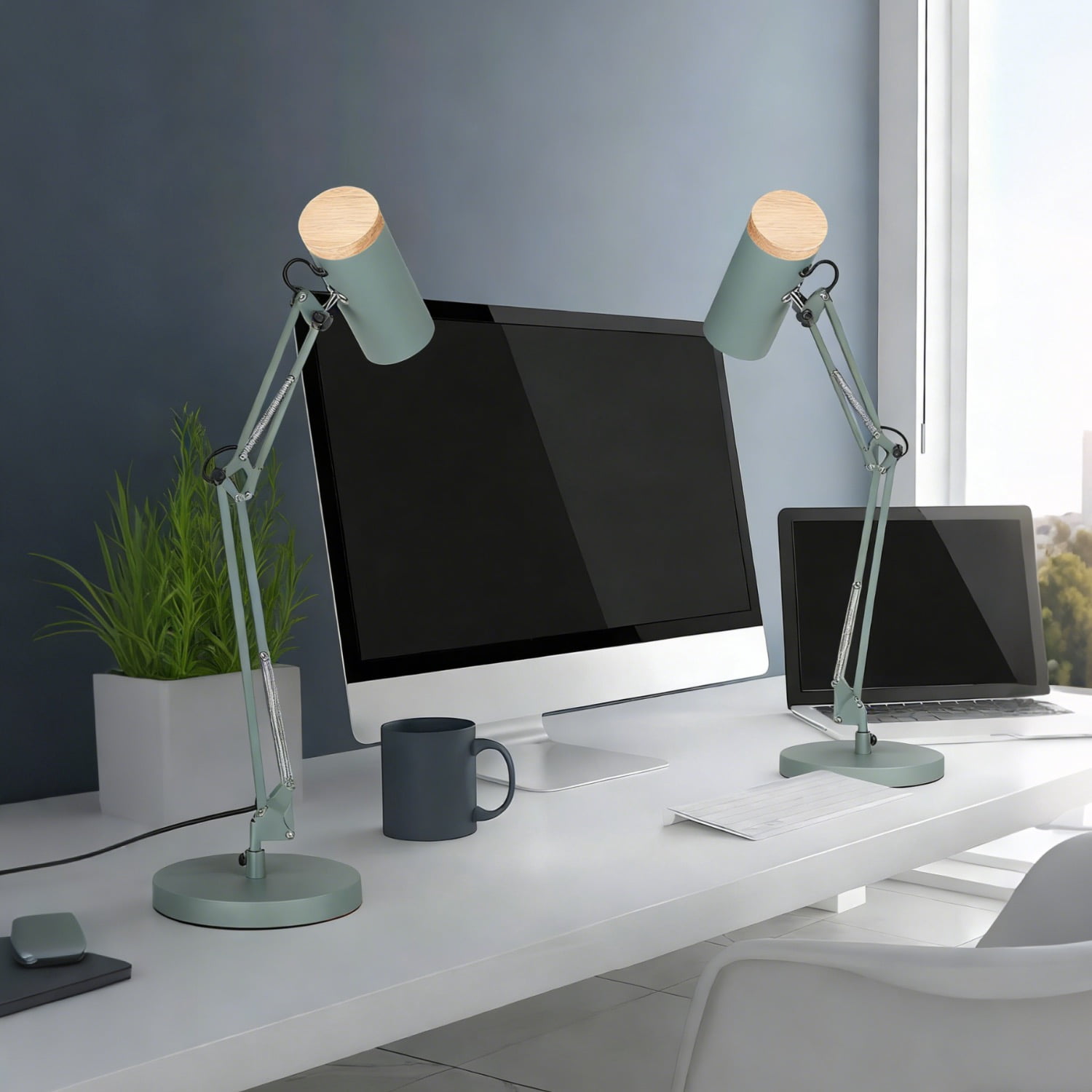 2 Pack Adjustable Metal Table Lamp, Large Size Max Height 29.7", E26 Base, Swing Arm Desk Light with Wooden Accent, Dark Green