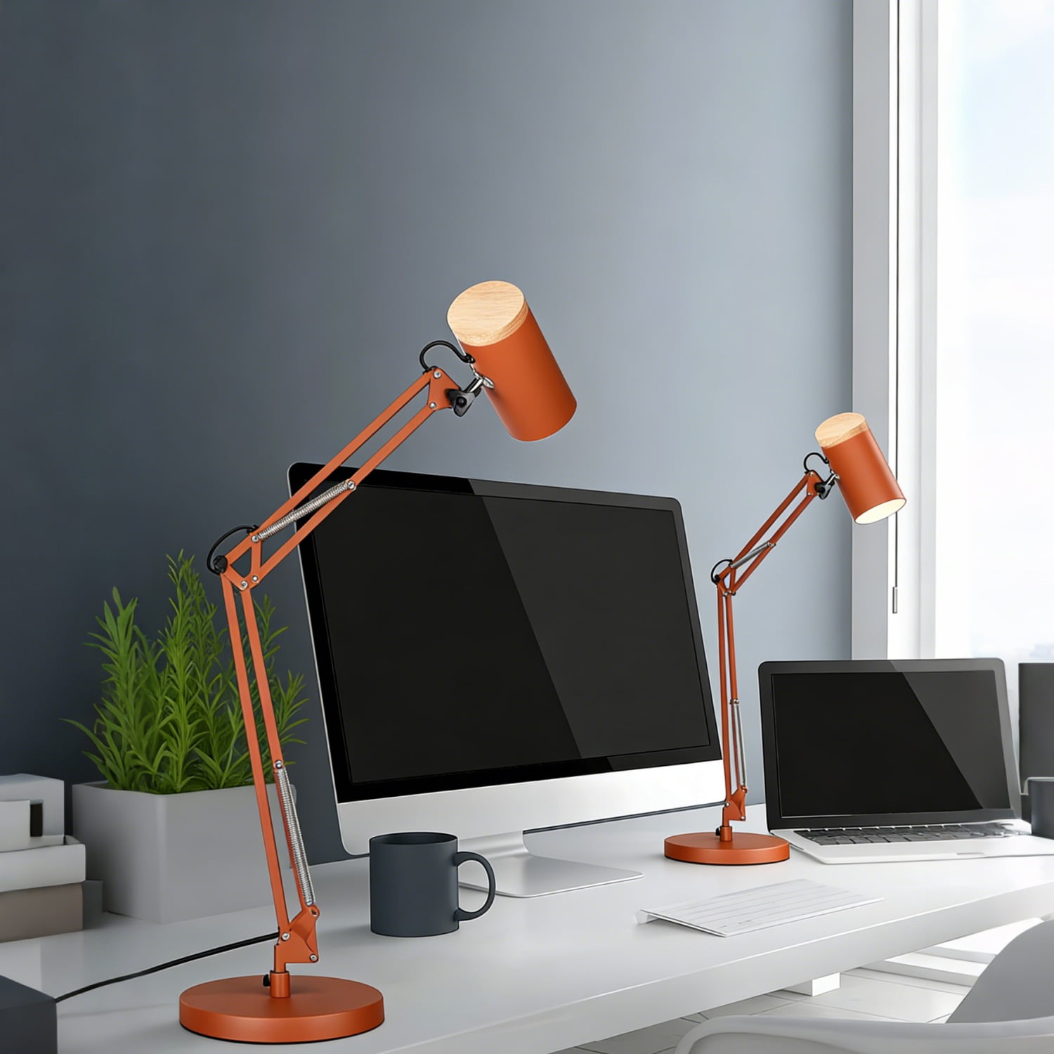 2 Pack Adjustable Metal Table Lamp, Large Size Max Height 29.7", E26 Base, Swing Arm Desk Light with Wooden Accent, Orange