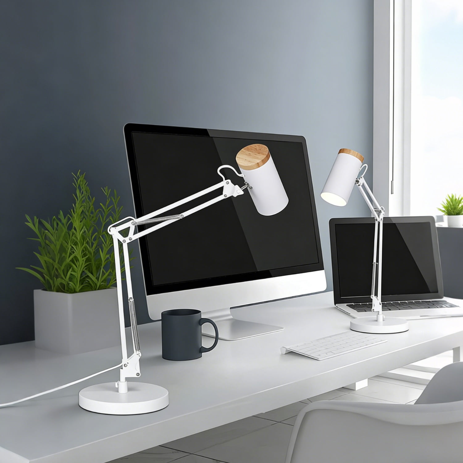 2 Pack Adjustable Metal Table Lamp, Large Size Max Height 29.7", E26 Base, Swing Arm Desk Light with Wooden Accent, White