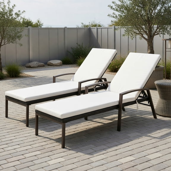 2-Pack Adjustable Outdoor Lounge Chairs with Removable Cushions White, Red & Turquoise PE Rattan Patio Seating for Backyard, Deck or Poolside