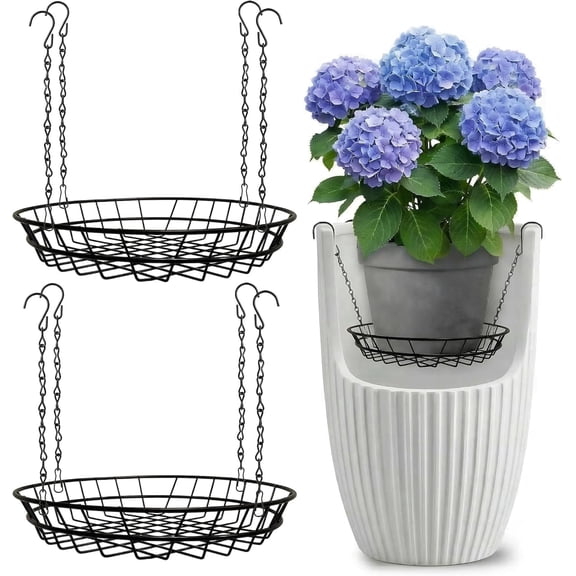 2 Pack Adjustable Plant Risers for Large Tall Pots, 12-18" Planter Insert, False Bottom Pot Filler with 4 Hooks & Chains, Holds 48 lbs Rustproof Soil Saver for Indoor Outdoor Planters (Black)