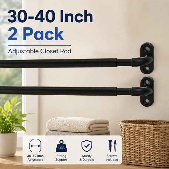 2 Pack Adjustable Screwed Sash Curtain Rods 30-40 Inch, 3/8 Inch Diameter, Black French Door Curtain Rods