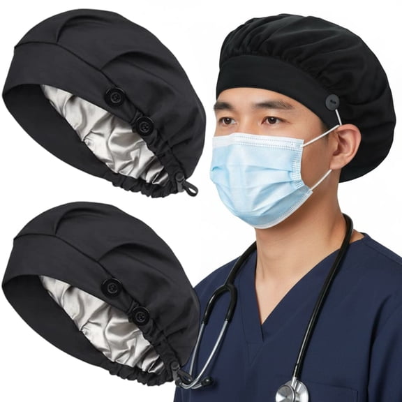 2 Pack Adjustable Scrub Caps with Side Buttons & Sweatband Unisex Bouffant Work Hats