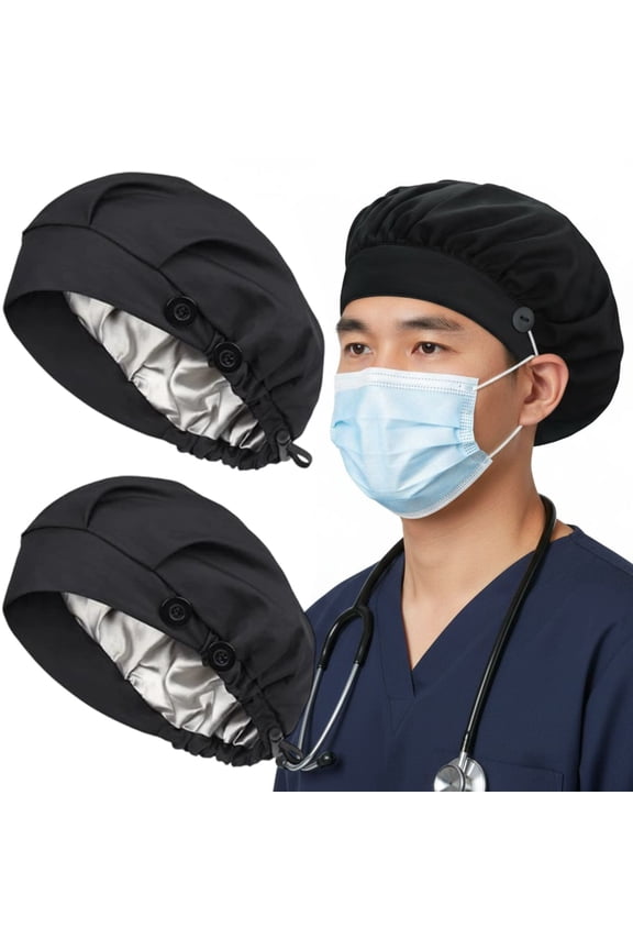 2 Pack Adjustable Scrub Caps with Side Buttons & Sweatband Unisex Bouffant Work Hats