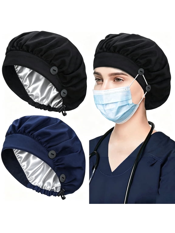 2 Pack Adjustable Scrub Caps with Side Buttons & Sweatband Unisex Bouffant Work Hats