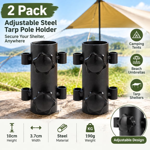 2 Pack Adjustable Steel Tarp Pole Holder, Camping Tent Pole Fixer, Beach Fishing Umbrella Base Accessory, Outdoor Ground Stake Support for Tarp and Shelter