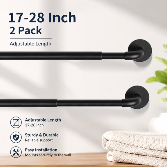 2 Pack Adjustable Sticky Self Adhesive 3/8 Inch Sash Curtain Rod 17 to 28 Inch Cafe Sidelight Rods for Metal Wood Doors Windows Bathroom Black Set of 2