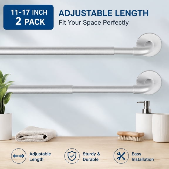 2 Pack Adjustable Sticky Self-Adhesive 3/8 Inch Sash Curtain Rods for Metal Wood Doors, 11-17 Inch Cafe Rods for Windows, Bathroom Sidelight Panels, Nickel Finish