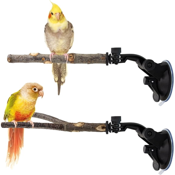 2 Pack Adjustable Suction Cup Bird Perch, Natural Wood Training Stand for Parrot Parakeet Macaw Cockatoo, Fits Window Car Shower Tile Mirror