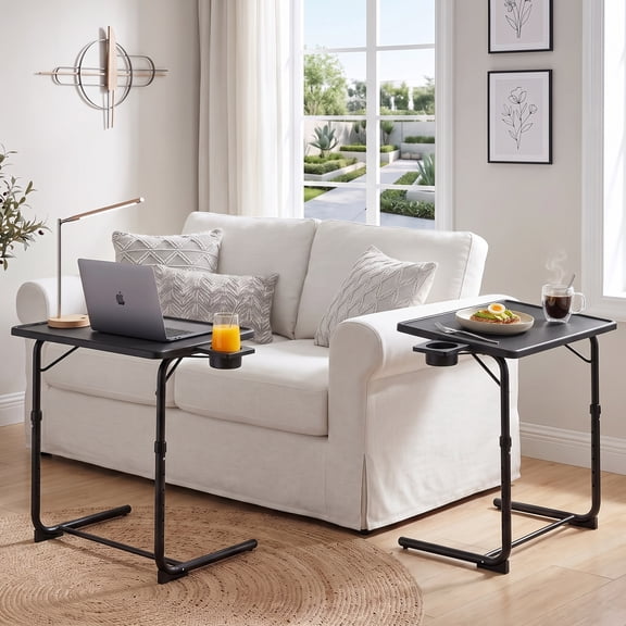 Adjustable TV Tray Table with Cup Holder,2 Pack Foldable TV Dinner Tray Table with 6 Heights & 3 Tilt Angle for Couch, Bed, Sofa & Chair,Black