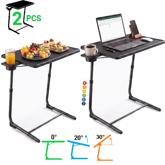 2 Pack Adjustable TV Tray Table,6 Heights & 3 Tilt Angle,Foldable TV Dinner Tray Table with Cup Holder for Couch, Bed, Sofa & Chair,Black