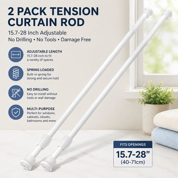 2 Pack Adjustable Tension Curtain Rods 15.7-28 Inch, Spring Loaded Extendable Rods for Windows, Cabinets, Closets, No Drilling, White