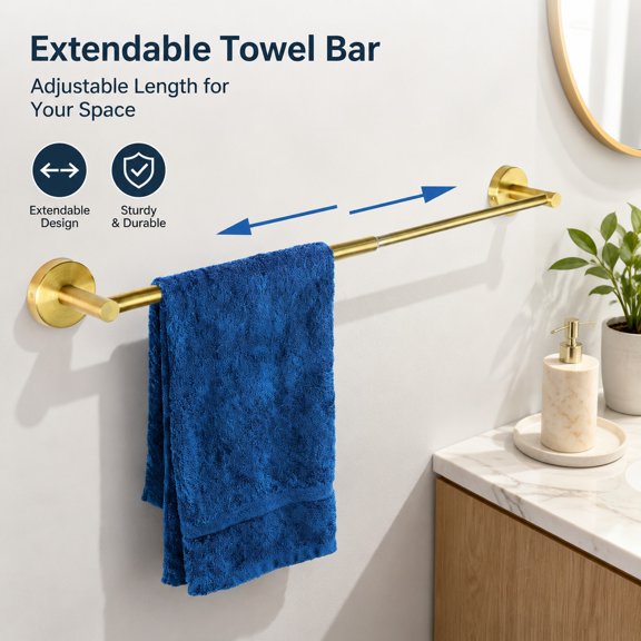 2 Pack Adjustable Towel Bar, Expandable Bathroom Towel Holder Rod 12-22 Inch, Wall Mounted Towel Rack, Space-Saving Towel Hanger for Kitchen and Bathroom, Gold