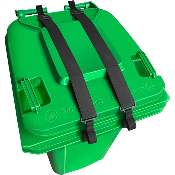 2 Pack Adjustable Trash Can Lid Lock Strap with Double Claw Hooks, Universal Fit for 32–96 Gallon Outdoor Garbage Bins, Wind Resistant Lid Secure Strap