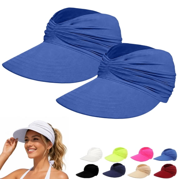2 Pack Adjustable UPF Sunscreen Baseball Hat VLOOCKLW Wide Brim UV Protection Sun Visor Hats, UPF50+ Lightweight Foldable Ponytail Sports Cap Blue