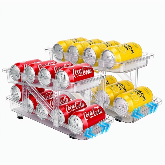 2 Pack Adjustable Width Soda Can Dispenser , Stackable Can Organizer, Fridge Pantry Cabinet Storage, Smooth Sliding Double Layer Drink Organizer