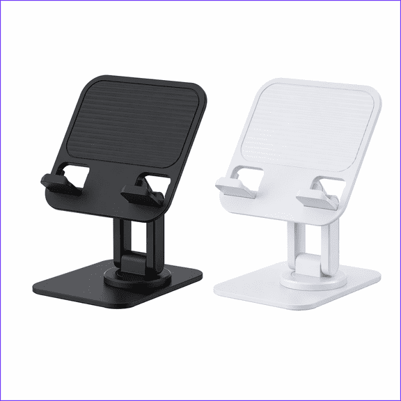 Two piece black and white iPad desktop stand, ultra-thin and foldable, equipped with a heavy-duty base, providing stable support