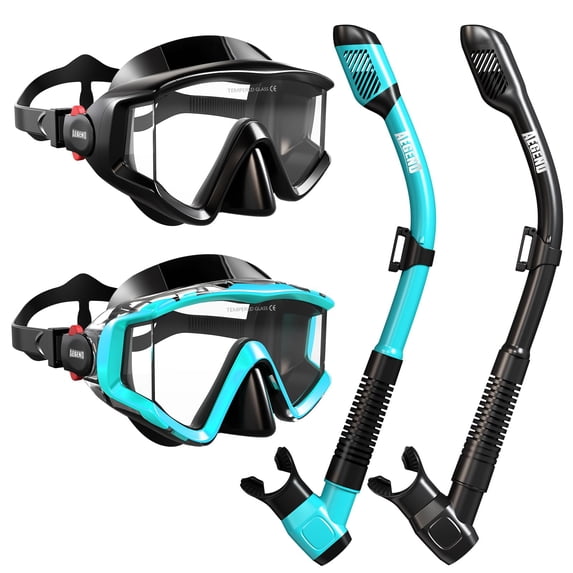 AEGEND 2 Pack Adult Snorkel Set, Tempered Glass Mask Travel Size Snorkeling Gear for Adults, Panoramic Wide View, Anti-Fog Scuba Diving Mask, Anti-Leak Snorkel Combo Goggles Kit for Swimming Travel