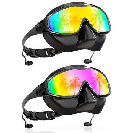 AEGEND 2 Pack Adult Swim Goggles with Nose Cover, Wide View Anti-Fog UV Protection Swim Mask, Leakproof Silicone Swimming Goggles for Men & Women- Aqua & Bright Pink