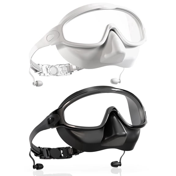 AEGEND 2 Pack Adult Swim Goggles with Nose Cover, Wide View Anti-Fog UV Protection Swim Mask, Leakproof Silicone Swimming Goggles for Men & Women- Black & White