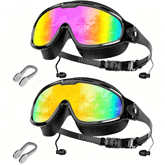 2 Pack Adult Swim Goggles with Ear Plugs, Anti-Fog/UV No Leak Swimming Goggles for Men & Women, Pool, Beach, Open Water, Bright Aqua & Rose