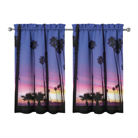 2 Pack Aesthetic Tropical Palm Tree Kitchen Curtains, 27.5Wx39L Inch, Purple & Orange Sunset Design, Boho Farmhouse Tier Curtains with Rod Pocket