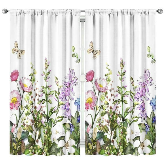 2 Pack Aesthetic Watercolor Kitchen Curtains - 42x84 Inch Modern Farmhouse Tier Panels, Artistic Floral Butterfly Design, Bright Colorful Semi-Sheer Window Treatment for Spring Summer