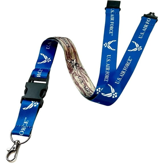 2 Pack - Air Force Lanyard for ID Badges - Safety Breakaway & Detachable Buckle Keychain Clip - Double Sided, Reversible with US Airforce Blue & Camouflage - USAF Wings & Camo Design - Specialist ID