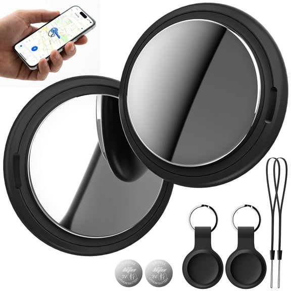 2 Pack Air Tracker Tag Works with Find My App (iOS Only), Bluetooth Item Finder, Smart Tag for Keys/Luggage/Wallets, Cat Dog Locator With Replaceable Battery/Sillcon Case/Lanyard, FCC Approved-Black