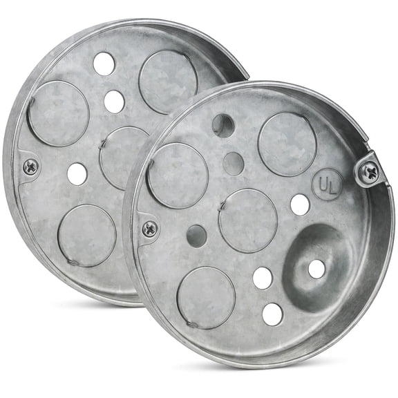 2 Pack Airmont Products UL Listed 4-Inch Round Shallow Electrical Box  1/2-Inch Deep Metal Ceiling Pancake Junction Box for Outlets, Ceiling Lights, Fixtures & Wiring, 6 Cu. In. Capacity